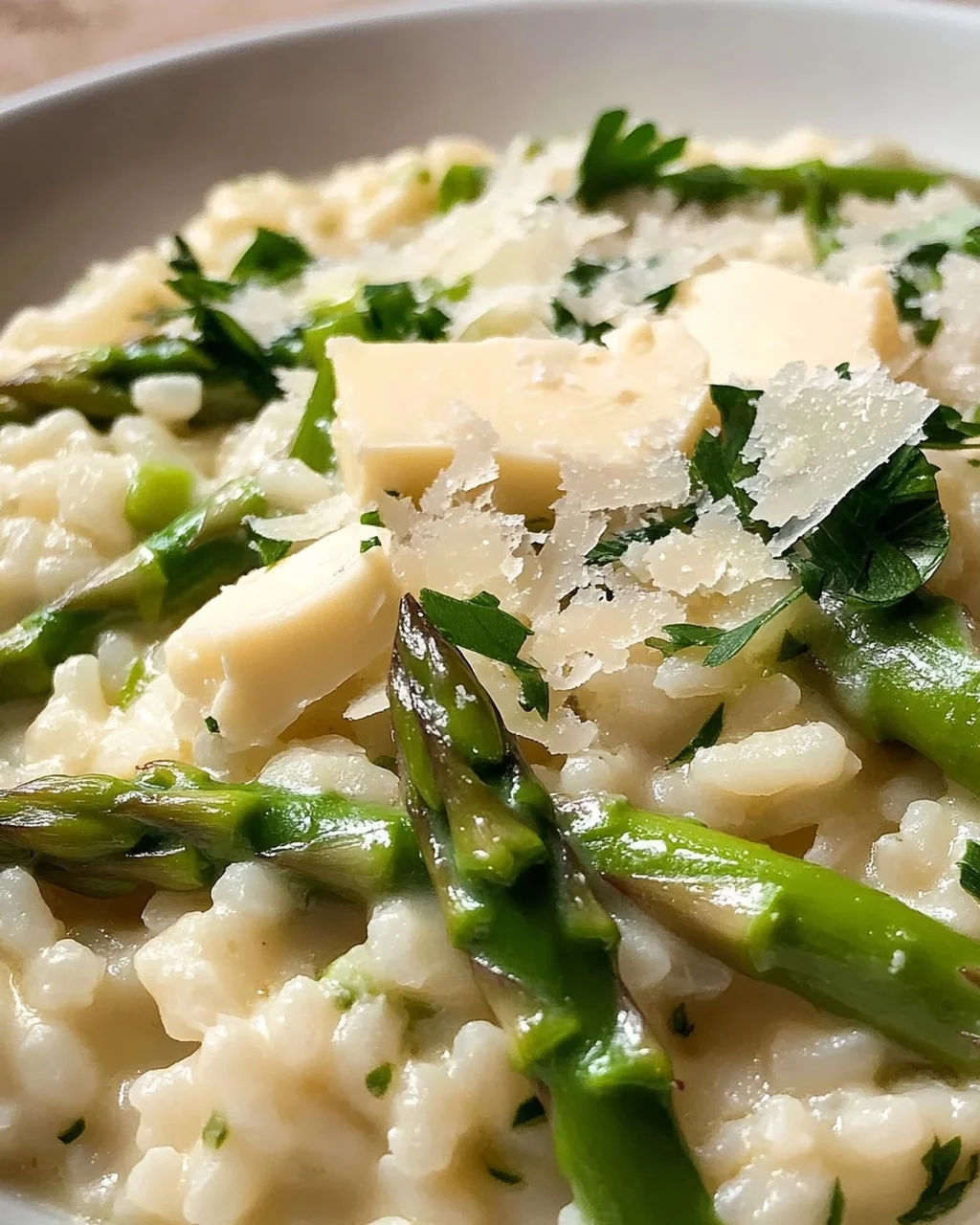 Creamy Asparagus Risotto with White Wine, Butter, and Parmesan