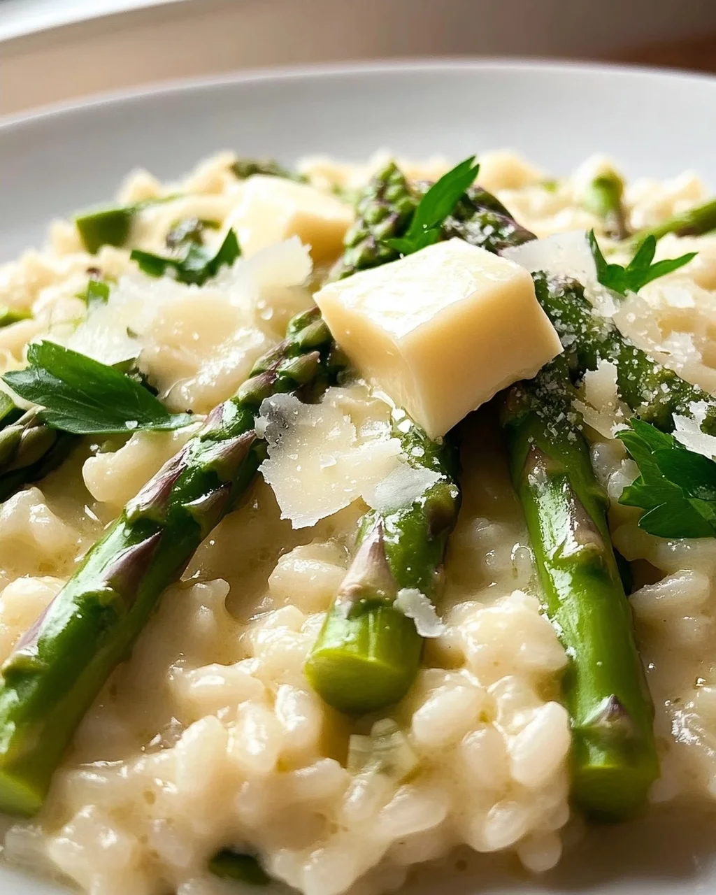 Creamy Asparagus Risotto with White Wine, Butter, and Parmesan