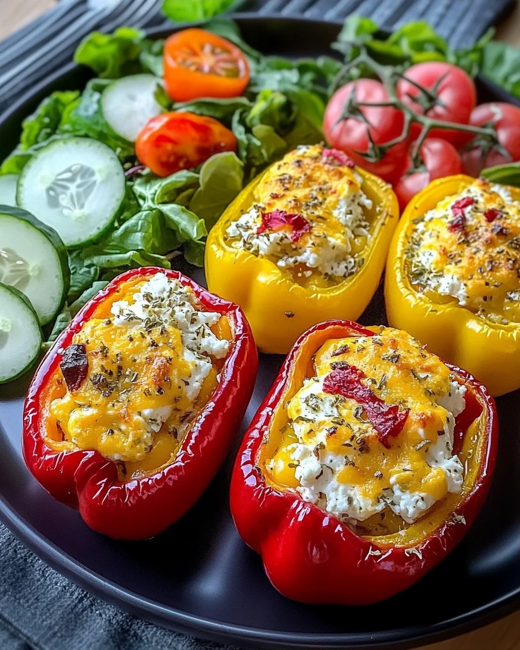 Gefüllte Feta-Paprika mit buntem Salat