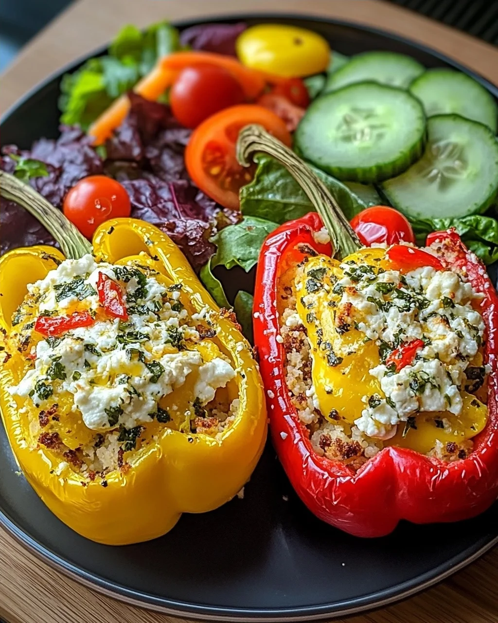 Gefüllte Feta-Paprika mit buntem Salat