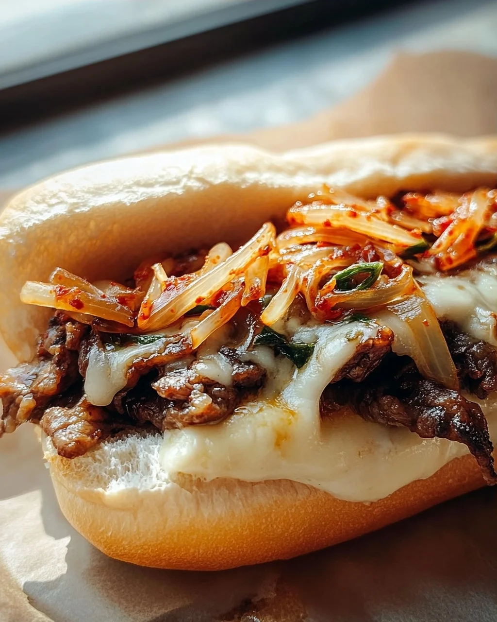 Bulgogi Cheesesteak auf dem Blech mit karamellisierten Zwiebeln