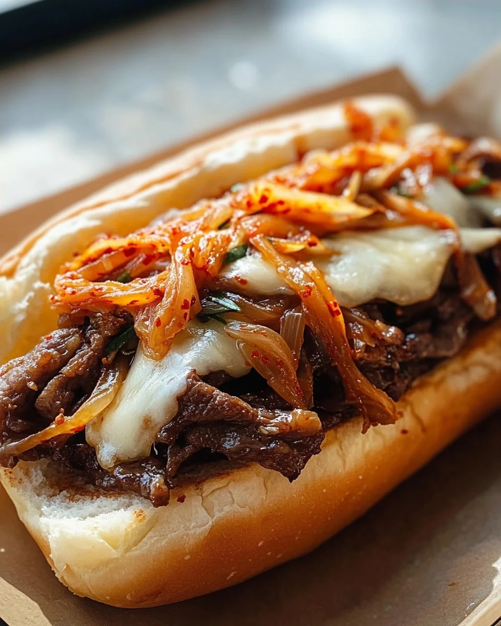Bulgogi Cheesesteak auf dem Blech mit karamellisierten Zwiebeln