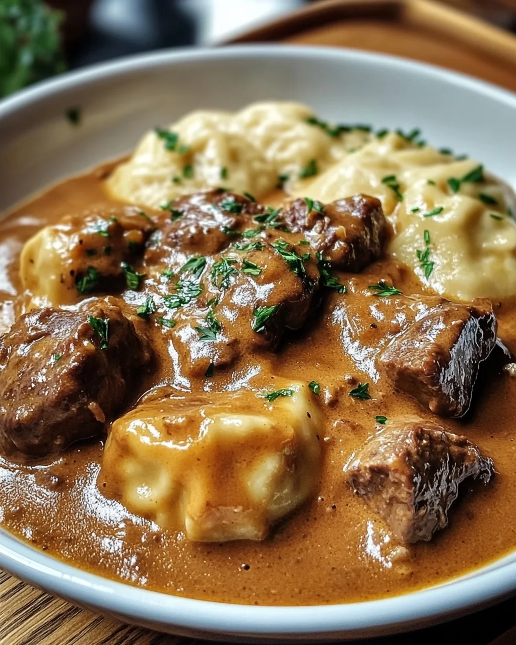 Butterzartes Rahmgulasch mit Serviettenknödel