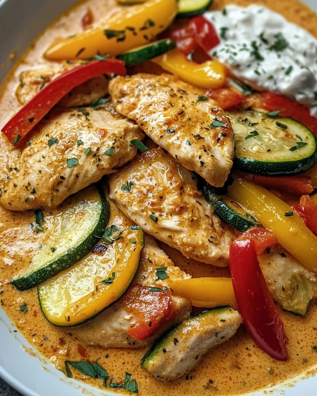 Cremiges Paprika Zucchini Hähnchen