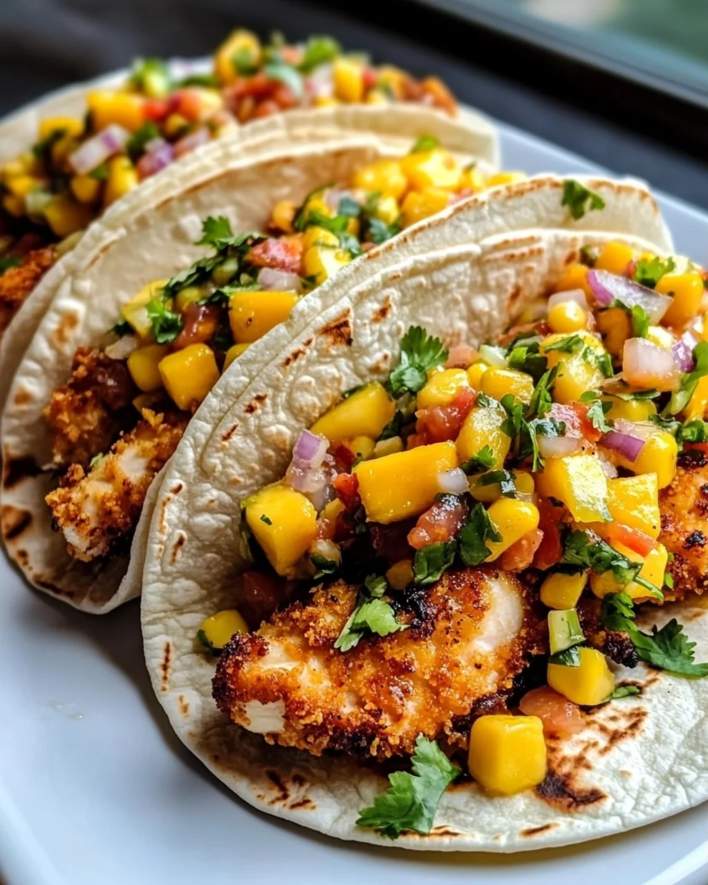 Crispy Maple Chili Chicken Tacos mit Mango-Mais-Salsa Rezept