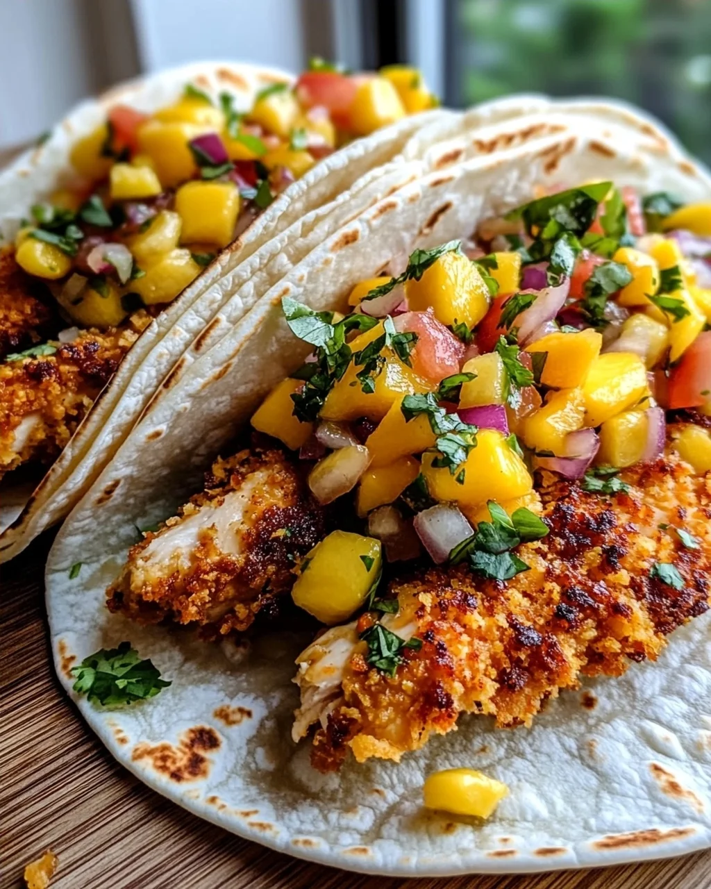 Crispy Maple Chili Chicken Tacos mit Mango-Mais-Salsa Rezept