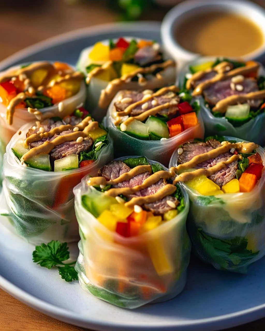 Frische Sommerrollen mit cremiger Erdnusssauce genießen