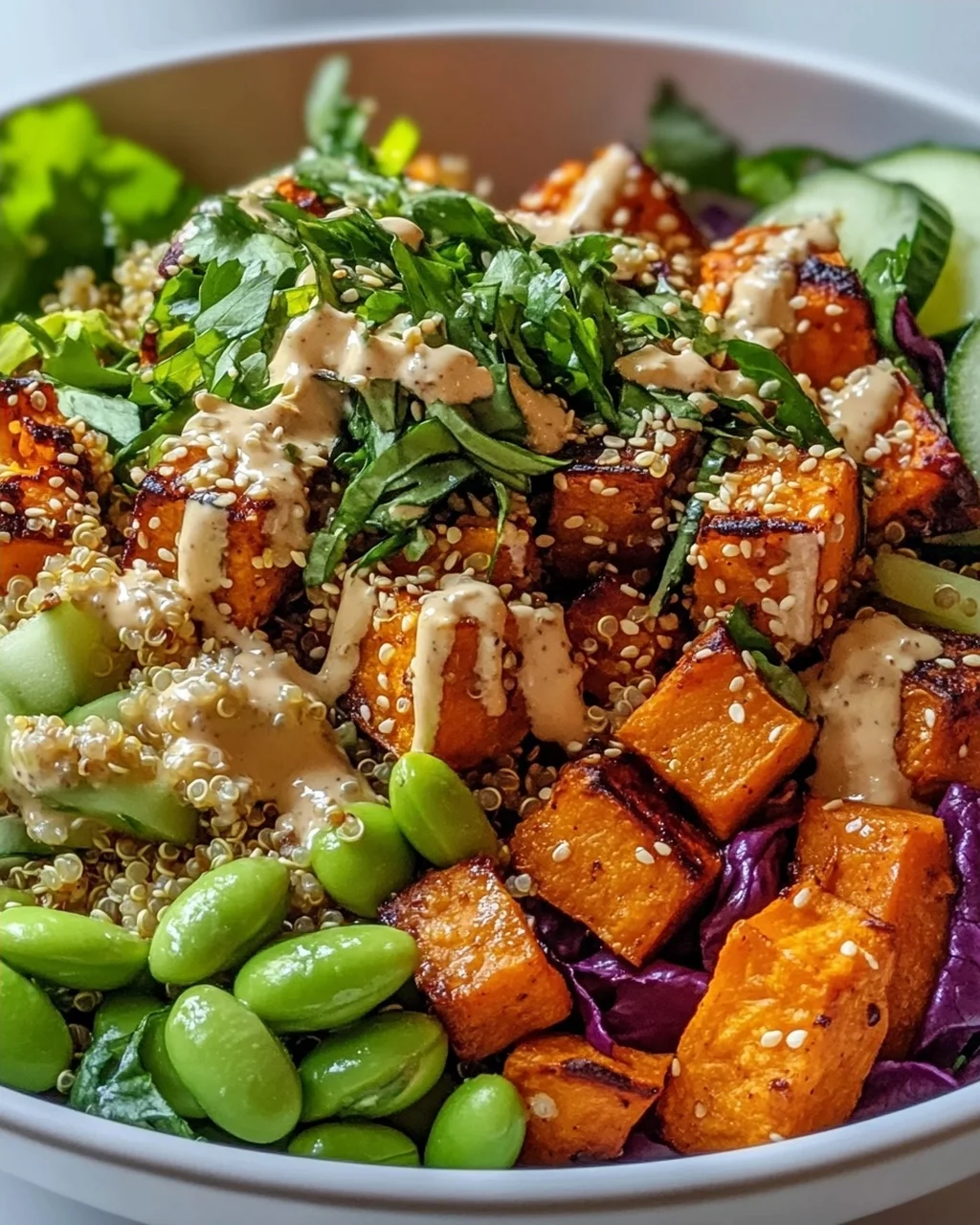 Gerösteter Süßkartoffel Quinoa Salat mit Sesam-Miso Sauce