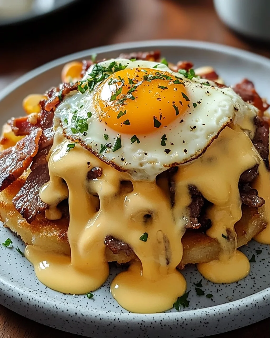 Köstliche Frühstücks Poutine mit cremiger Hollandaise.