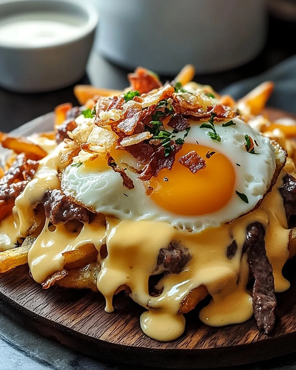 Köstliche Frühstücks Poutine mit cremiger Hollandaise.