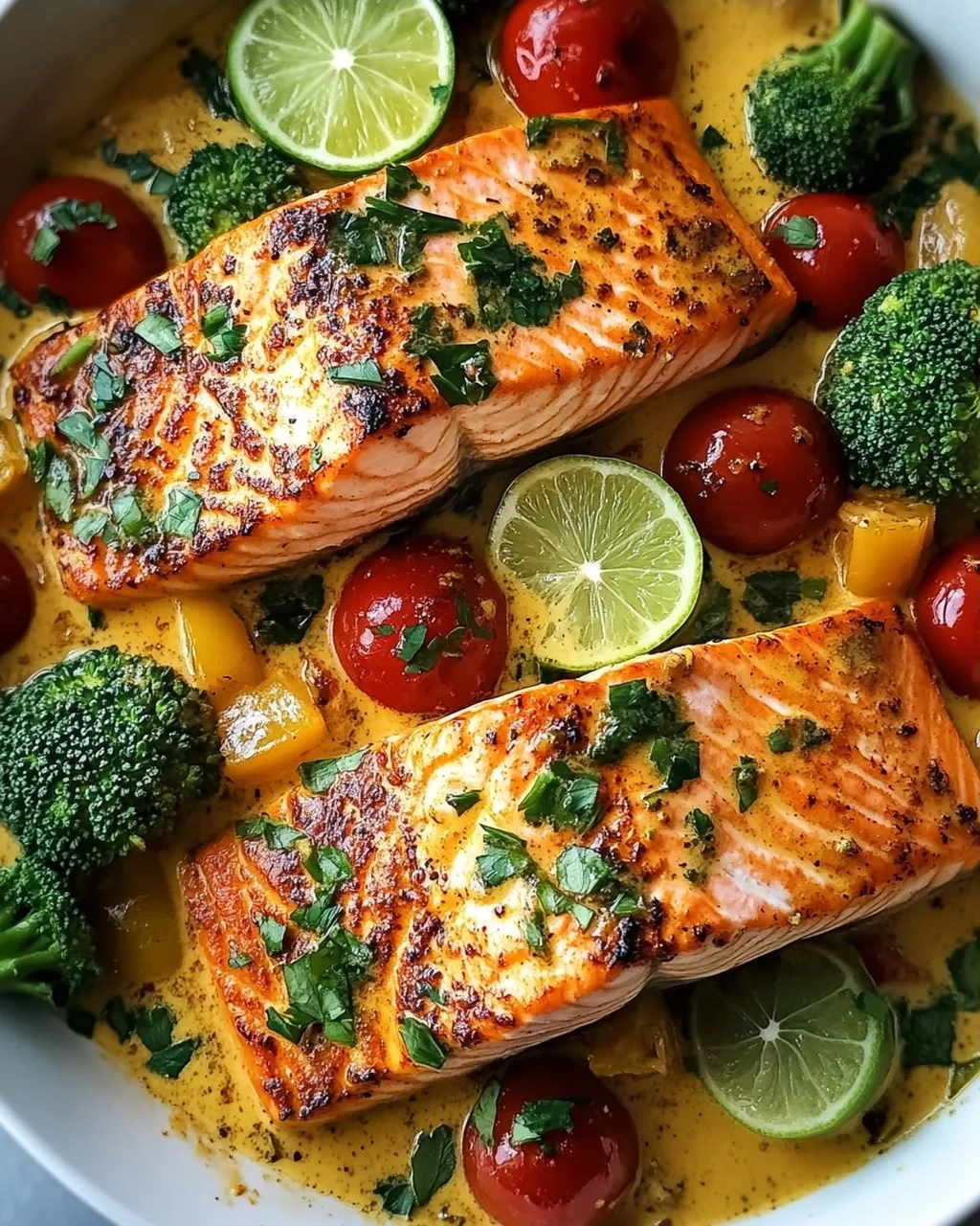 Köstlicher One Pan Kokos-Curry Lachs mit Knoblauchbutter