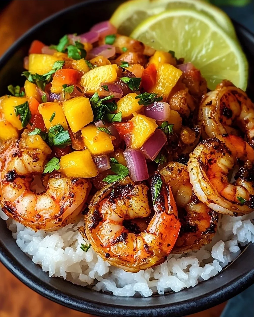 Pikante Garnelen und Mango Salsa Reisbowl