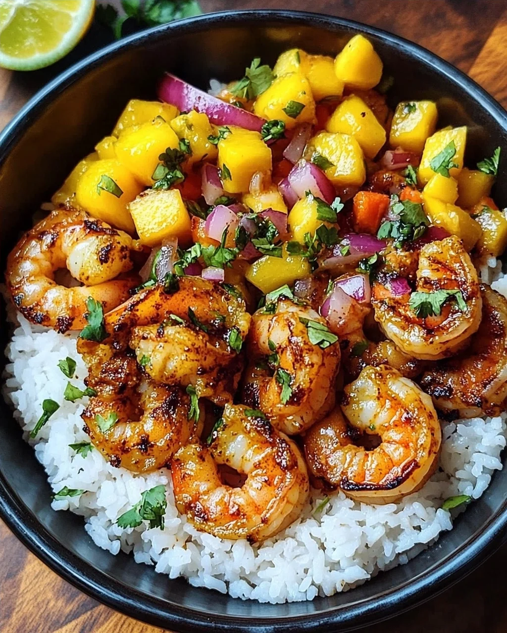 Pikante Garnelen und Mango Salsa Reisbowl