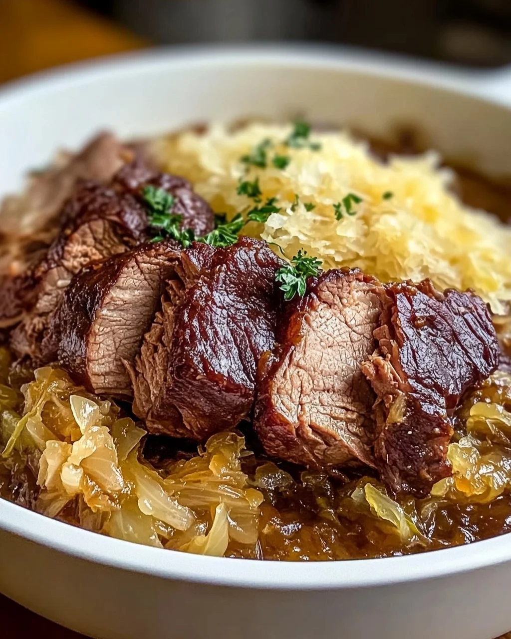Saftiges Rindfleisch mit Sauerkraut und braunem Zucker Rezept