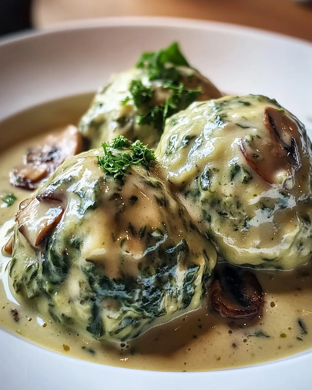Südtiroler Spinatknödel mit Pilzrahm