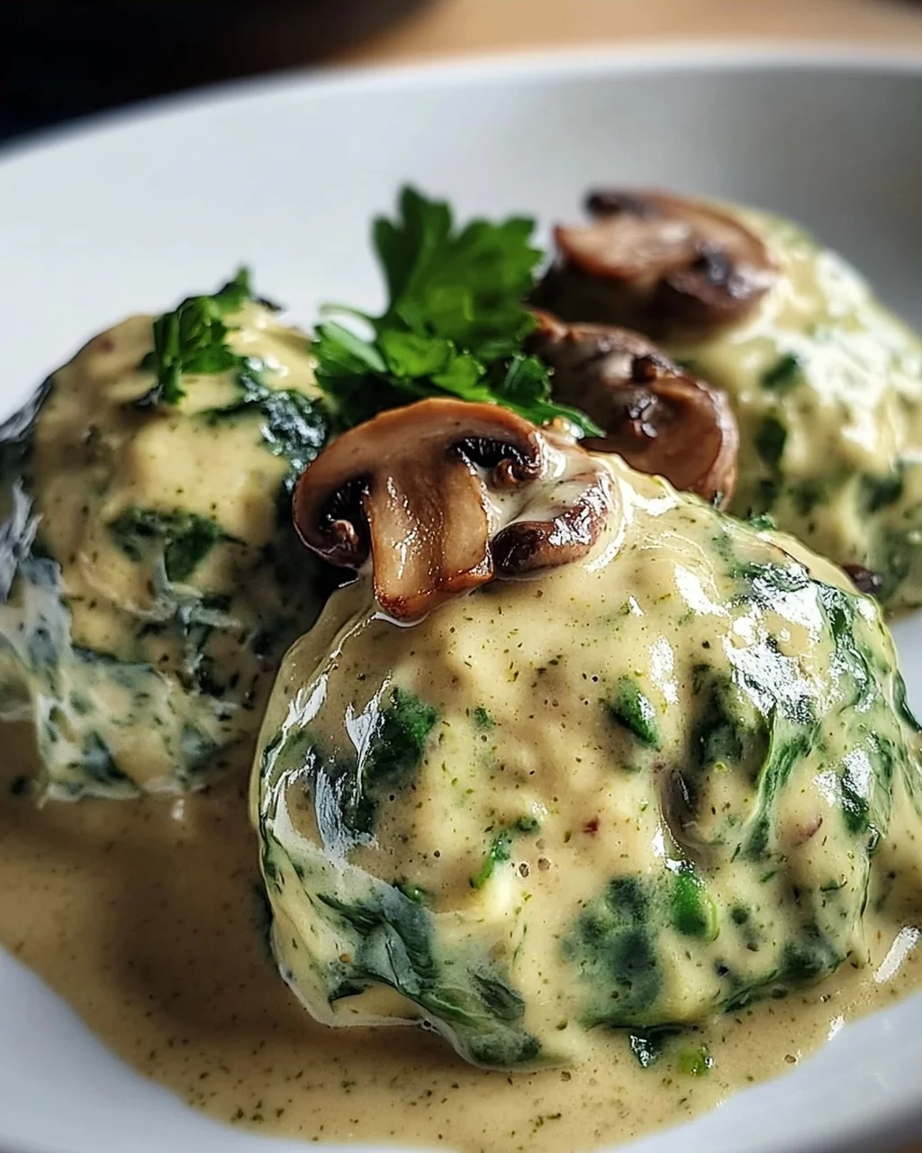 Südtiroler Spinatknödel mit Pilzrahm