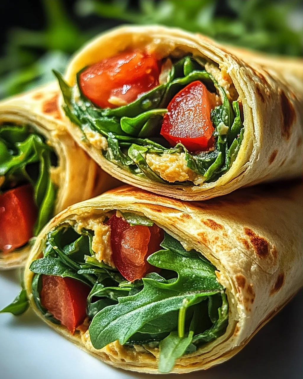Vegetarische Wrap-Röllchen mit Rucola und Tomaten