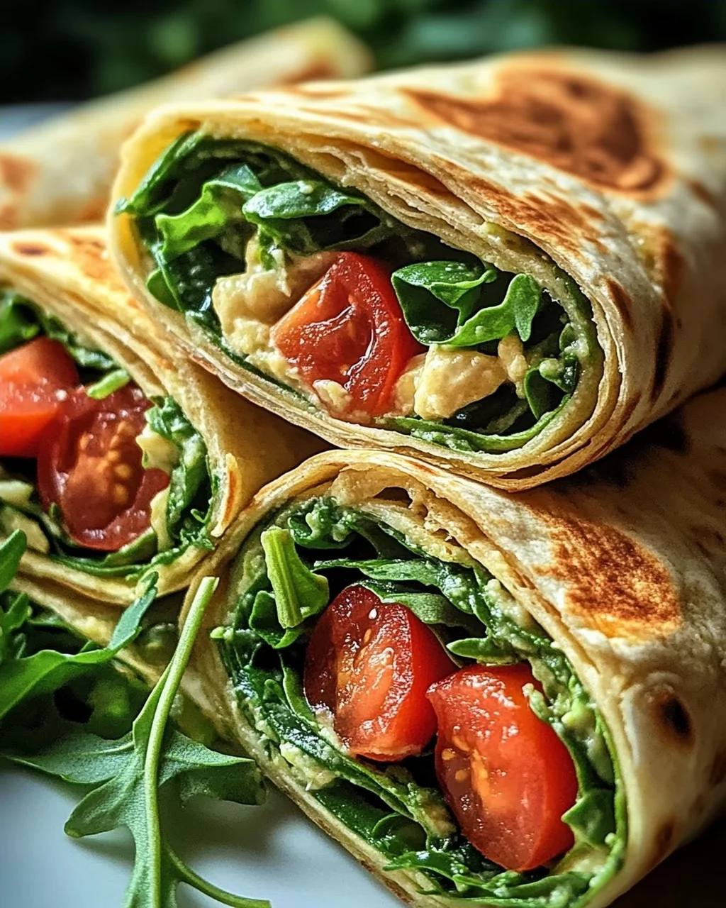 Vegetarische Wrap-Röllchen mit Rucola und Tomaten