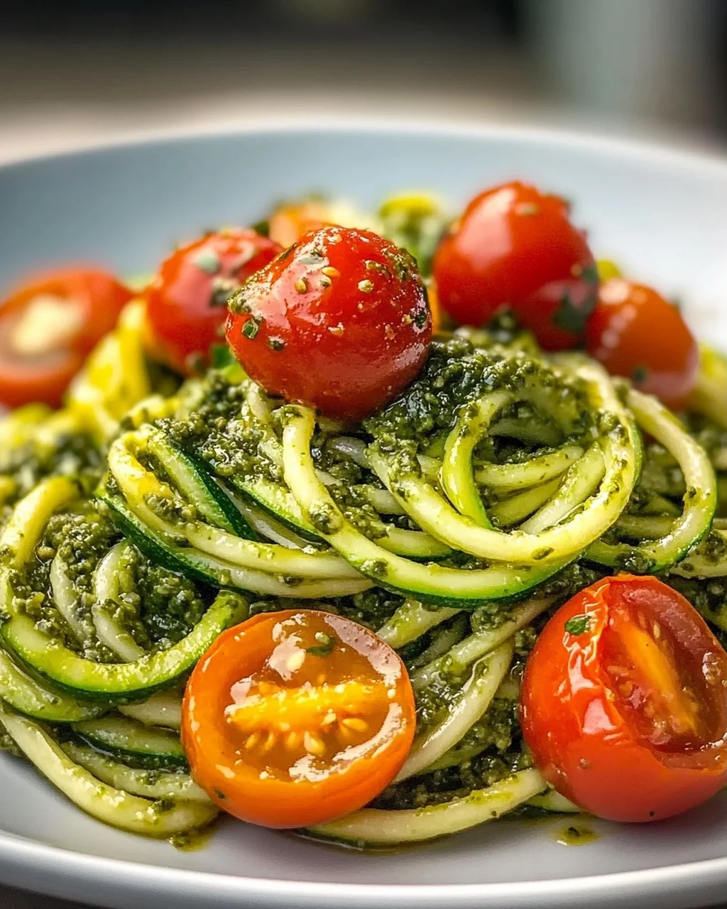 Zucchini Spaghetti mit Pesto & süßen Kirschtomaten – leicht & lecker!