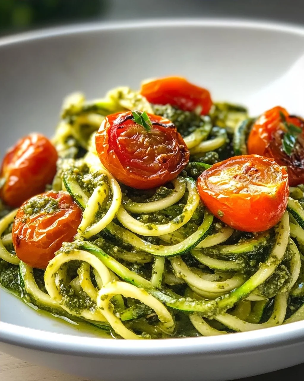 Zucchini Spaghetti mit Pesto & süßen Kirschtomaten – leicht & lecker!